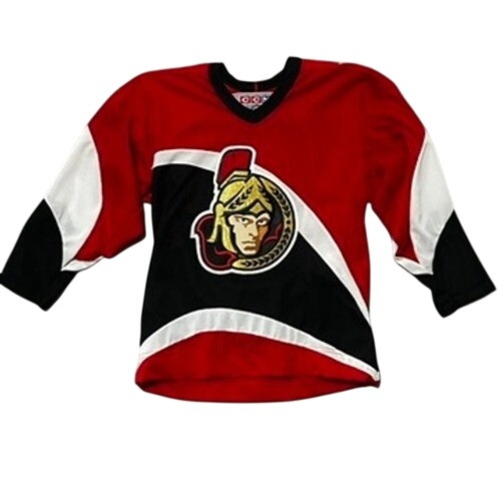Y2K CCM Ottawa Senators NHL Hockey Jersey Boys L/XL Red Black White Made Canada